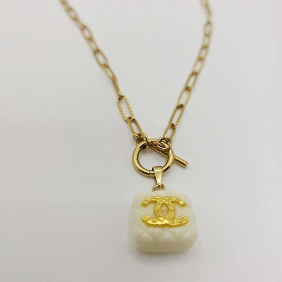Authentic CHANEL Gold and Cream Logo Necklace. On Atolea Waterproof Chain - Picture 4 of 6